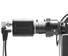 10X Viewfinder of the Bolex REX3 on a White Background with 10x adapter and video assist. 