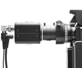 13X Viewfinder of the Bolex REX5 on a White Background with 13x adapter and video assist. 