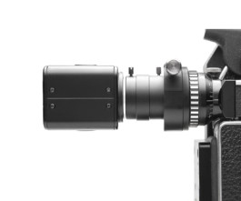 13X Viewfinder of the Bolex REX5 on a White Background with 13x adapter and video assist.