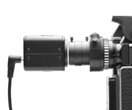 13X Viewfinder of the Bolex REX5 on a White Background with 13x adapter and video assist.