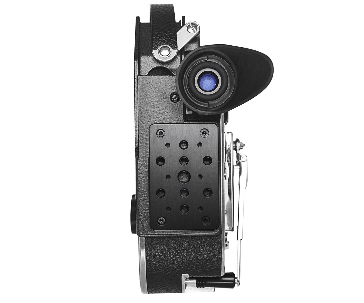 Back of Bolex EBM showcased on white background. 