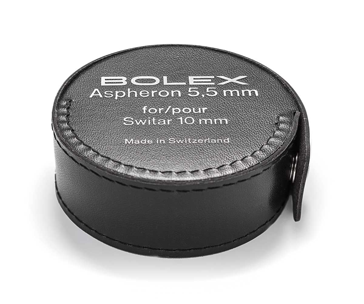 Leather case for Aspheron aspherical optical accessory showcased on white background.