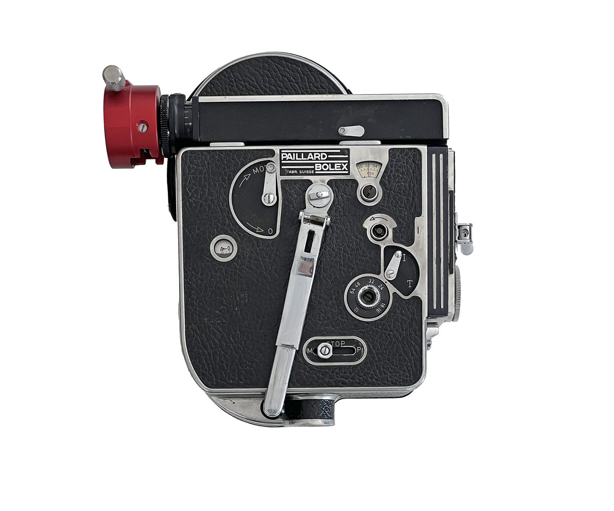 Bolex H16 Rex 16mm film camera body with 10× viewfinder upgrade.