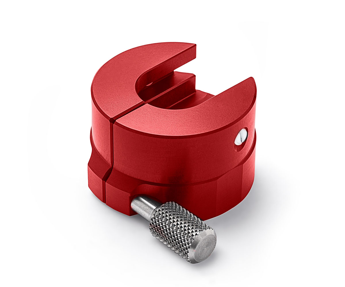 A studio photograph of the upgraded Bolex 10X red viewfinder adapter.