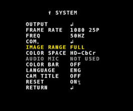 Video assist settings displayed on an external monitor, showing detailed adjustments for optimal video output. 