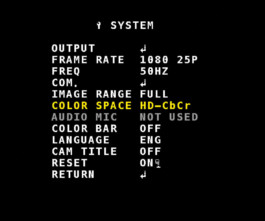 Video assist settings displayed on an external monitor, showing detailed adjustments for optimal video output. 
