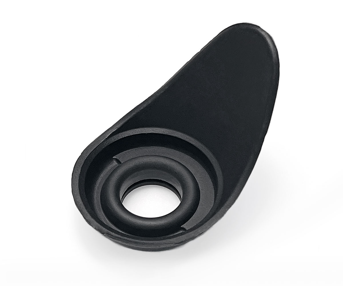 Black Bolex brand elliptical rubber eyepiece for H8 and H16 RefleX and RX cameras, produced by Ciné Bornand, compatible with Beaulieu cameras.