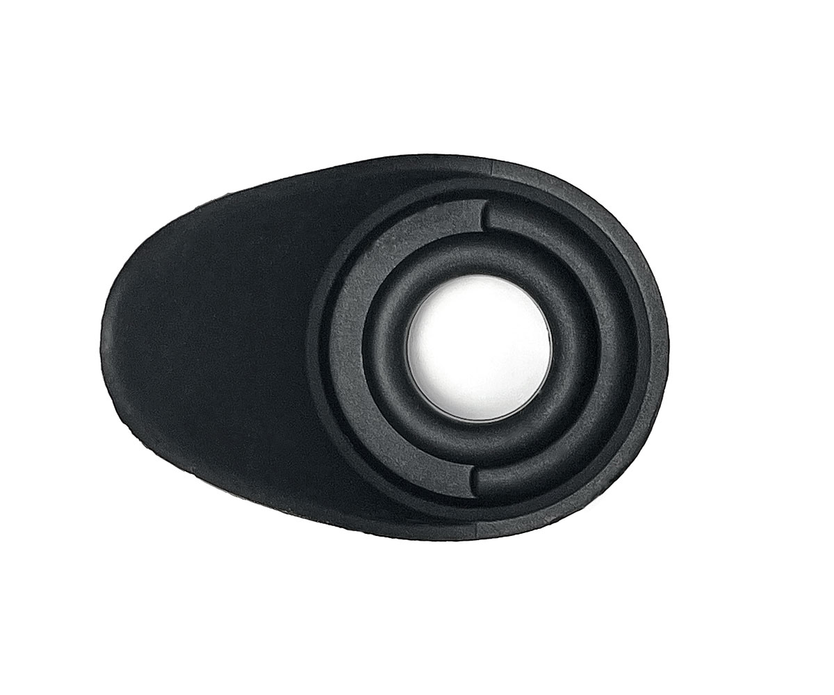 Black Bolex brand elliptical rubber eyepiece for H8 and H16 RefleX and RX cameras, produced by Ciné Bornand, compatible with Beaulieu cameras.